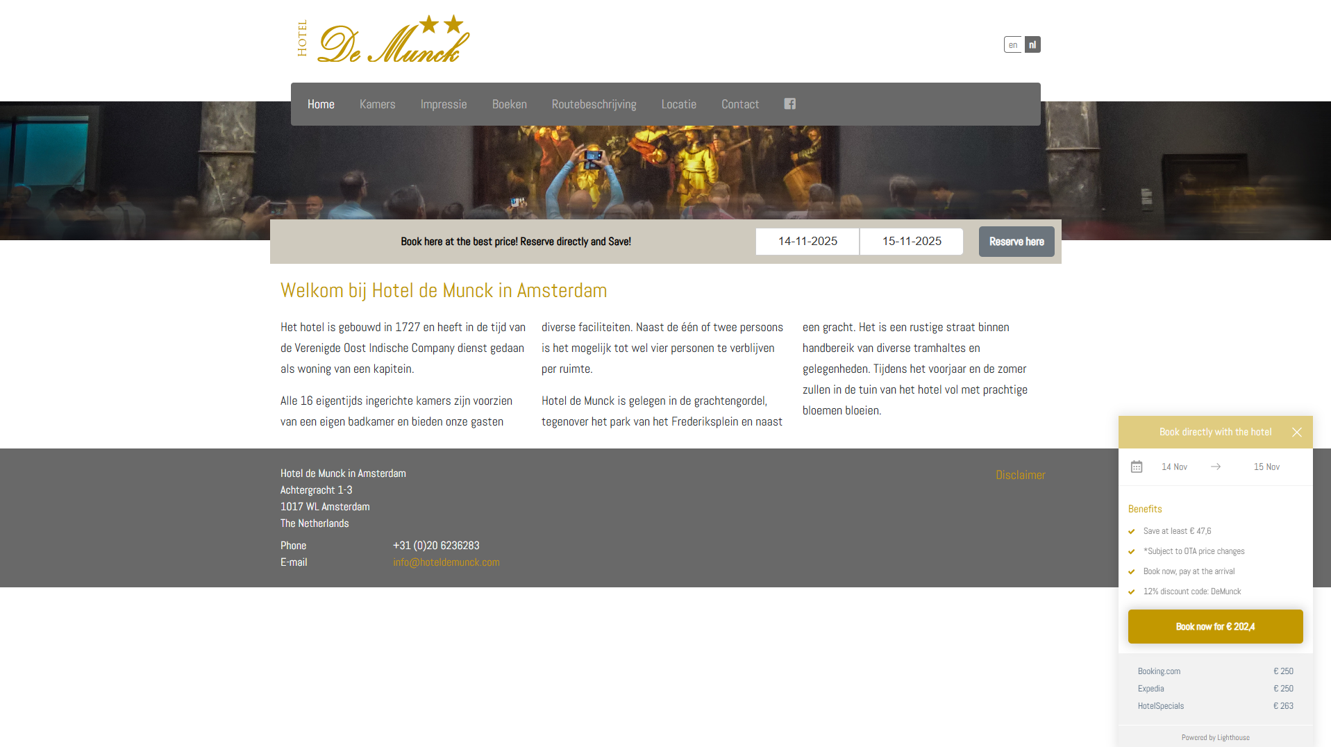 Hotel de Munck Amsterdam - Screenshot van Hospitality / Hotelwebsite project door Next Creatives